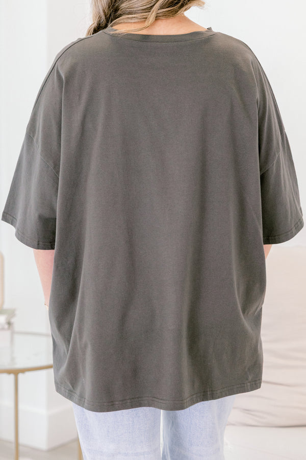 Chic Soul plus size clothing, smoke gray short sleeve boyfriend tee with 