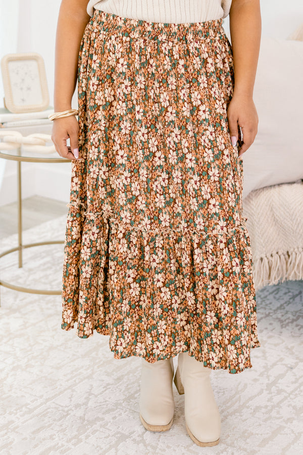 Chic Soul plus size clothing, brown flowy midi skirt with cream green and orange floral pattern 