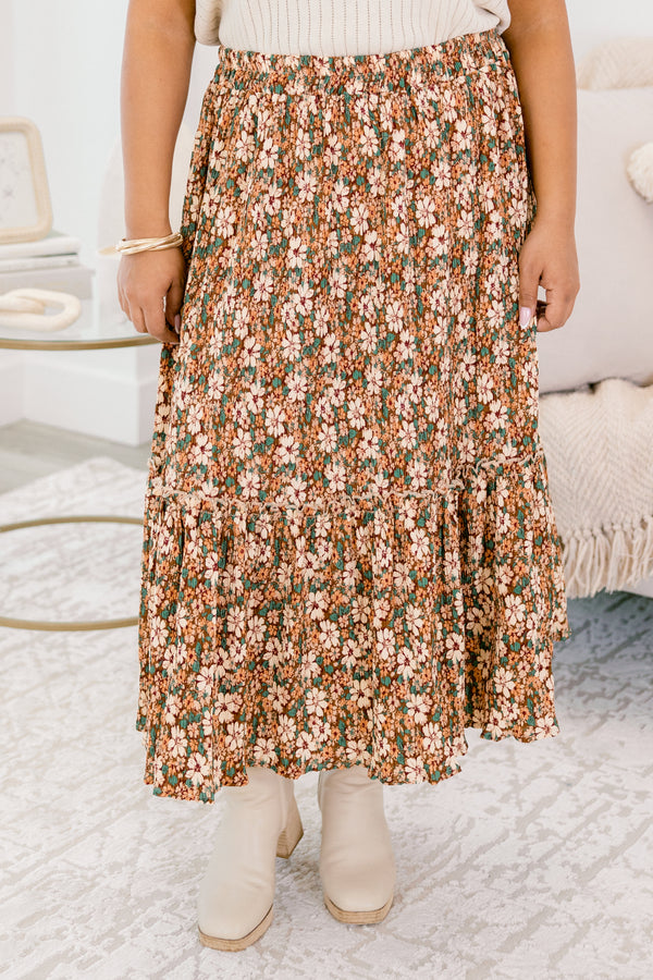 Chic Soul plus size clothing, brown flowy midi skirt with cream green and orange floral pattern 