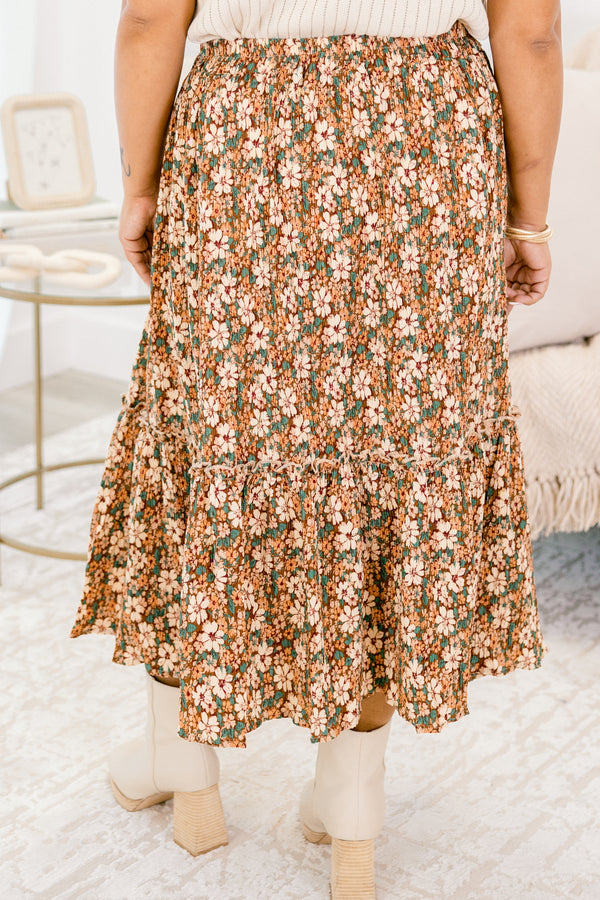 Chic Soul plus size clothing, brown flowy midi skirt with cream green and orange floral pattern 