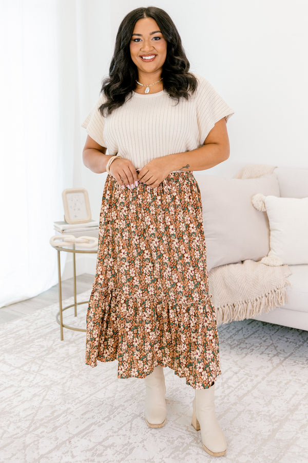 Chic Soul plus size clothing, brown flowy midi skirt with cream green and orange floral pattern 