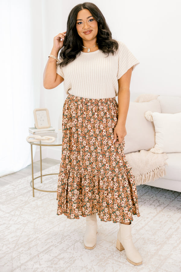 Chic Soul plus size clothing, brown flowy midi skirt with cream green and orange floral pattern 