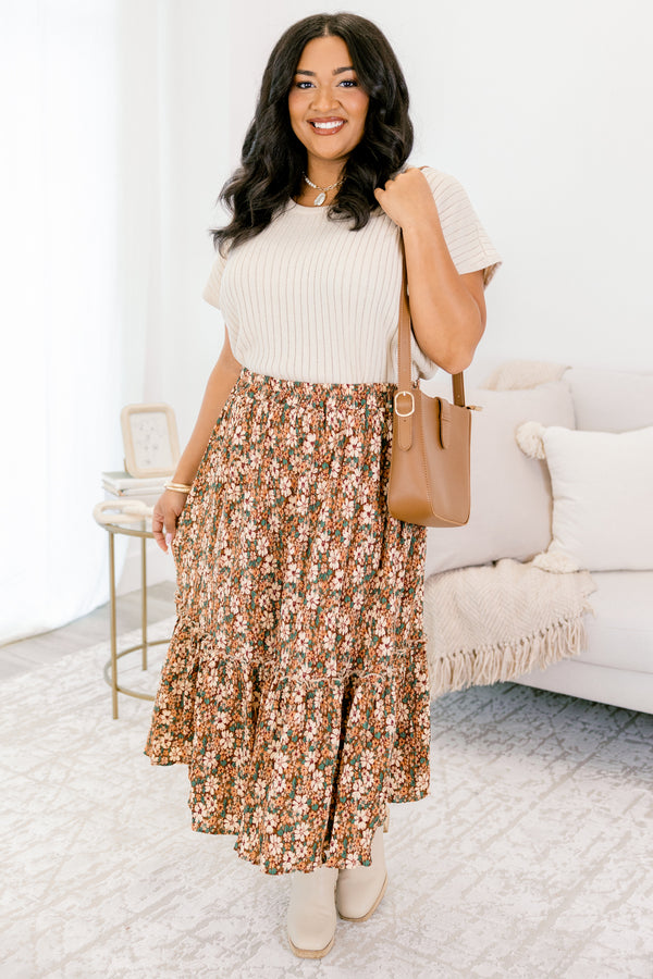 Chic Soul plus size clothing, brown flowy midi skirt with cream green and orange floral pattern 