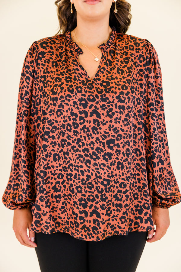 Chic Soul plus size clothing, brown long sleeve black leopard print pattern top with v neckline and cuffed bubble sleeves