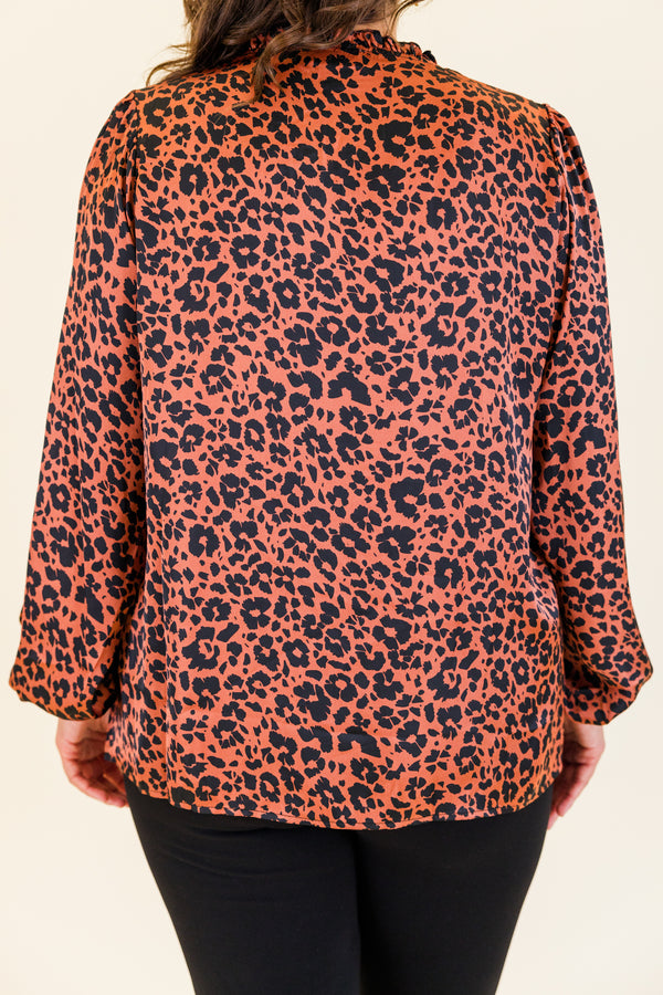 Chic Soul plus size clothing, brown long sleeve black leopard print pattern top with v neckline and cuffed bubble sleeves