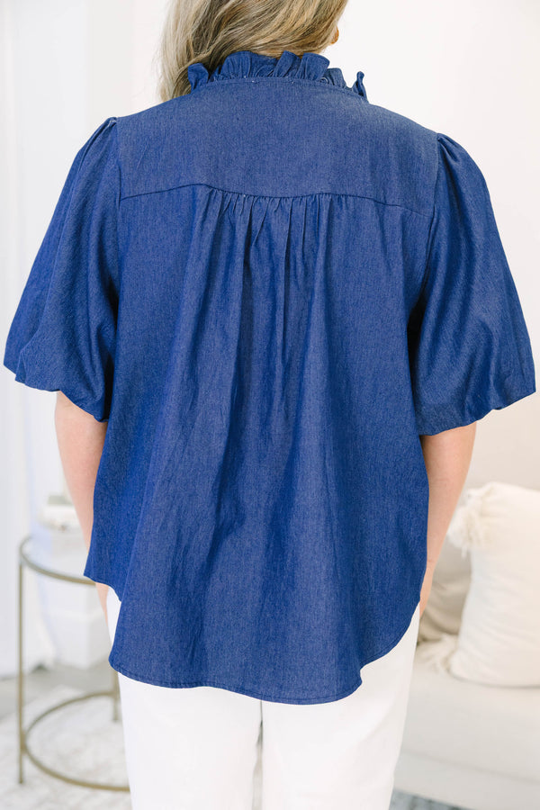 Plus size dark denim top with ruffled collar, button-down front, and elastic bubble sleeves.