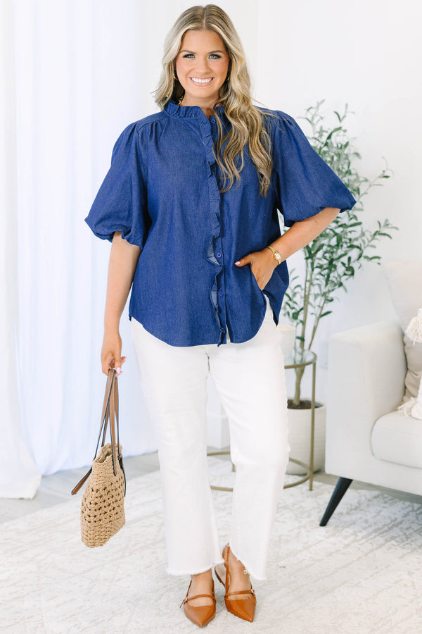 Plus size dark denim top with ruffled collar, button-down front, and elastic bubble sleeves.