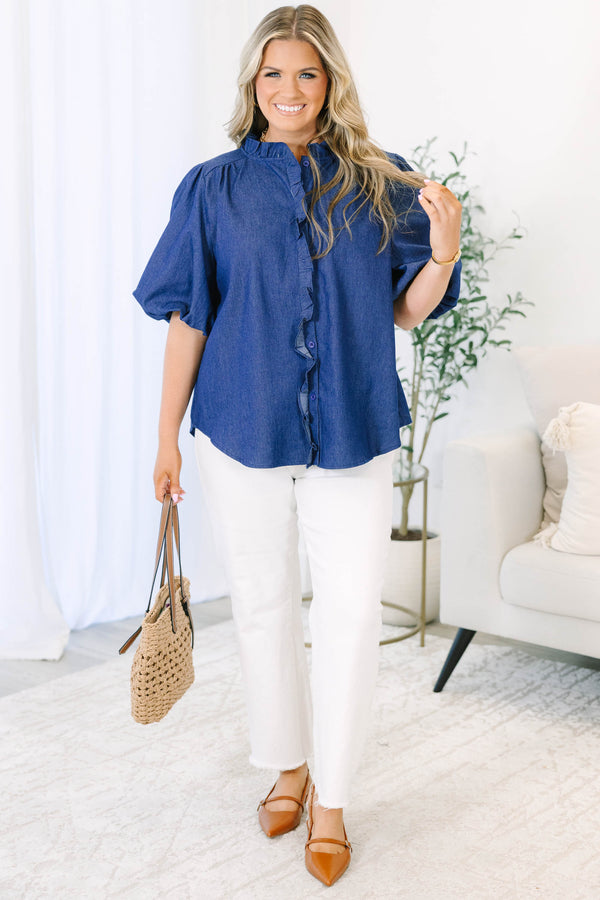 Plus size dark denim top with ruffled collar, button-down front, and elastic bubble sleeves.