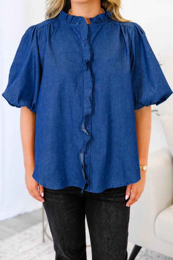 Plus size dark denim top with ruffled collar, button-down front, and elastic bubble sleeves.
