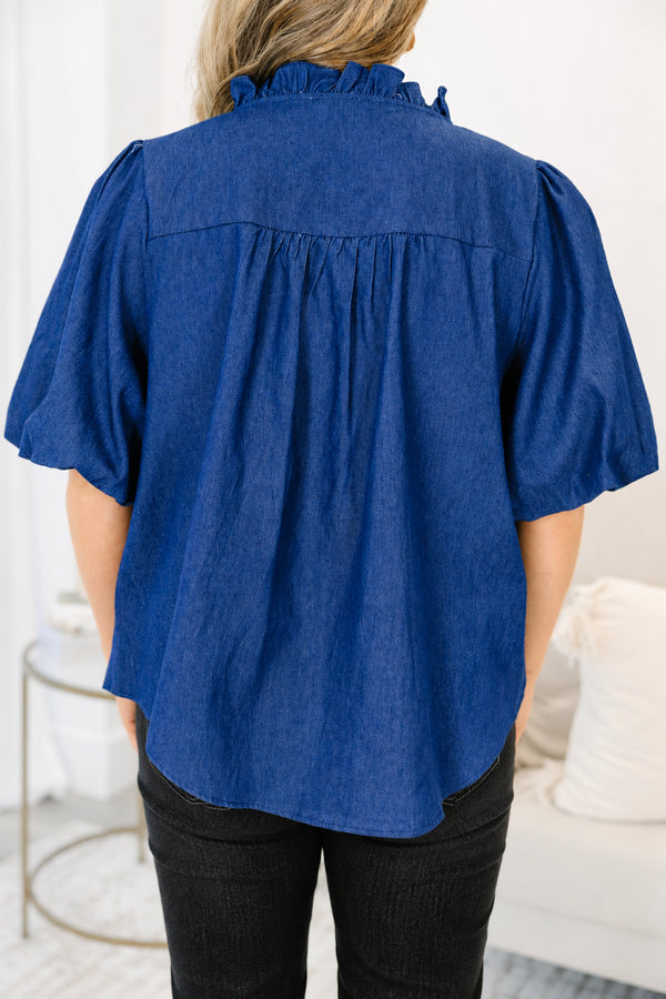 Plus size dark denim top with ruffled collar, button-down front, and elastic bubble sleeves.