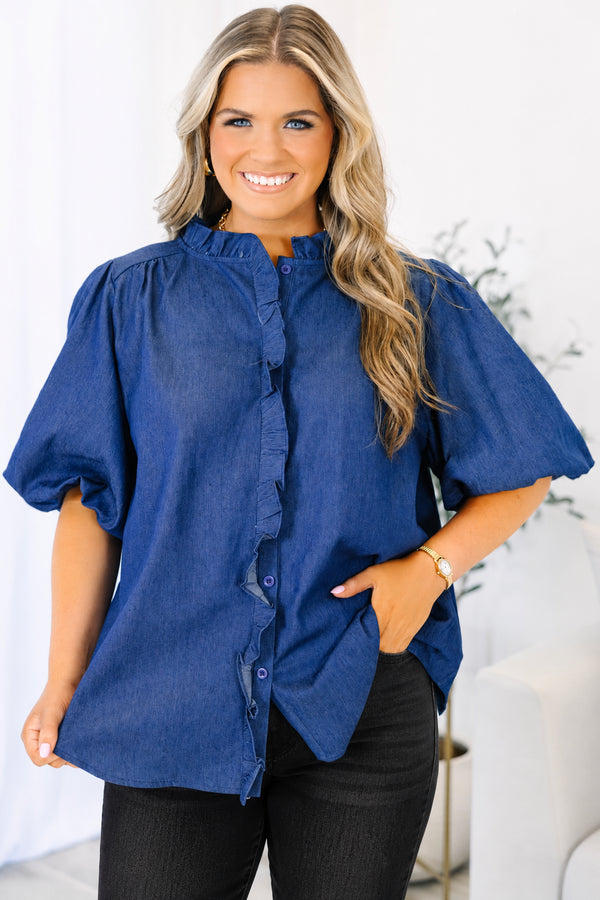 Plus size dark denim top with ruffled collar, button-down front, and elastic bubble sleeves.