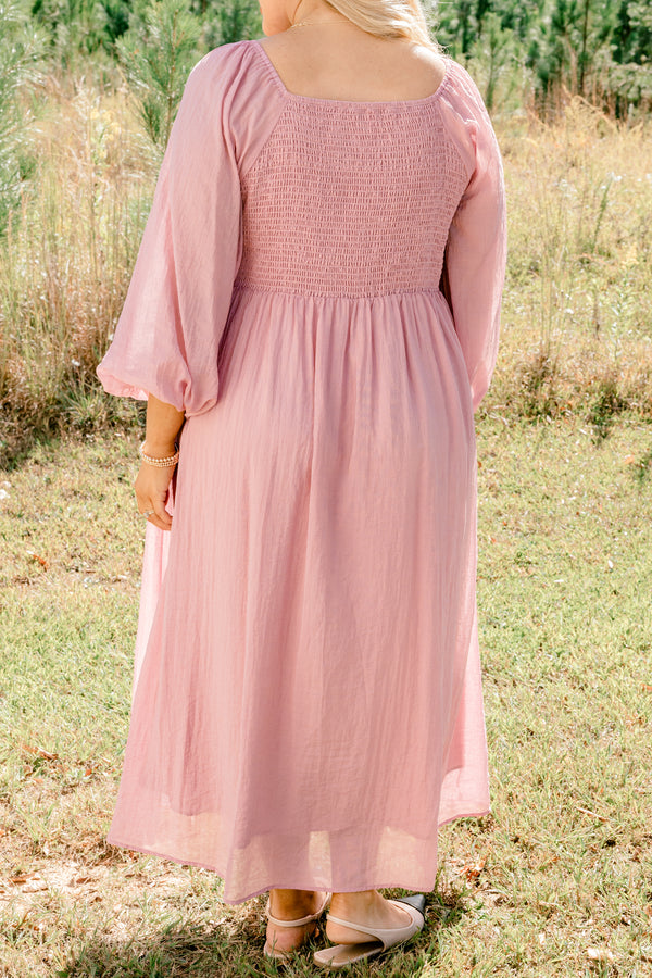 Chic Soul plus size clothing, light pink long balloon sleeve v neck flowy maxi dress with a bow detail at the neckline