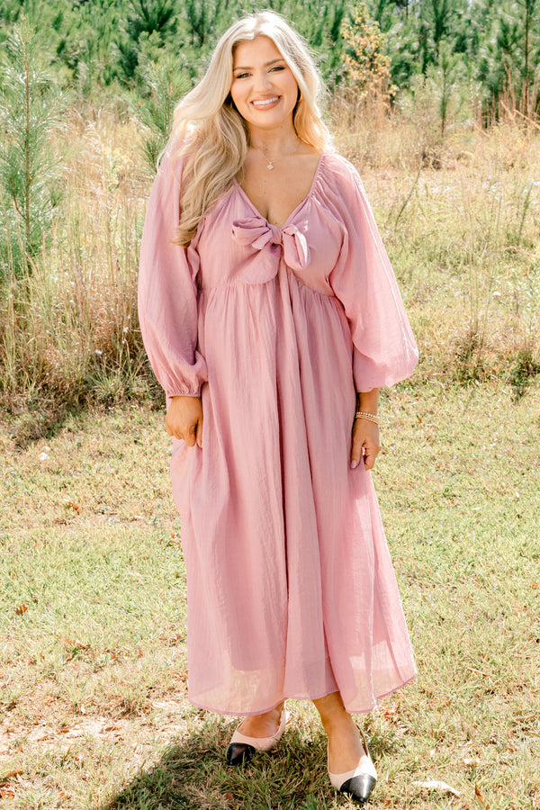 Chic Soul plus size clothing, light pink long balloon sleeve v neck flowy maxi dress with a bow detail at the neckline