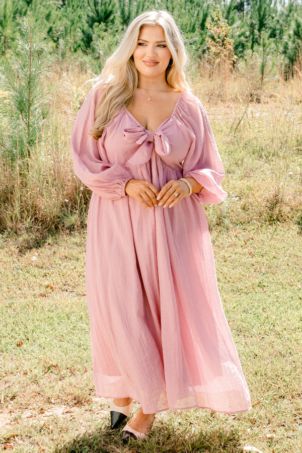 Chic Soul plus size clothing, light pink long balloon sleeve v neck flowy maxi dress with a bow detail at the neckline