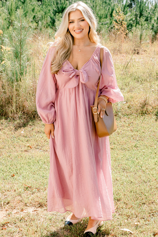 Chic Soul plus size clothing, light pink long balloon sleeve v neck flowy maxi dress with a bow detail at the neckline