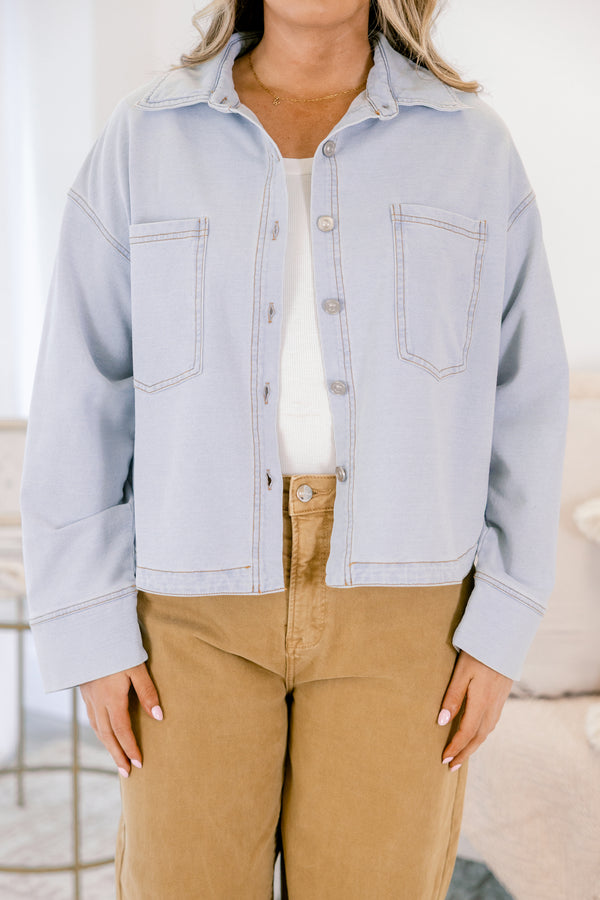 Chic Soul plus size clothing, light blue denim button-up jacket with front chest pockets and a light wash look