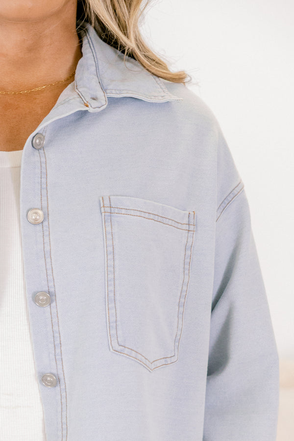 Chic Soul plus size clothing, light blue denim button-up jacket with front chest pockets and a light wash look