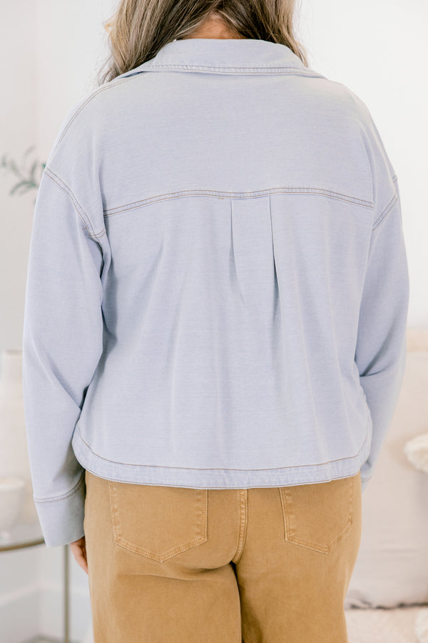 Chic Soul plus size clothing, light blue denim button-up jacket with front chest pockets and a light wash look