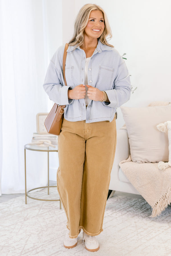 Chic Soul plus size clothing, light blue denim button-up jacket with front chest pockets and a light wash look
