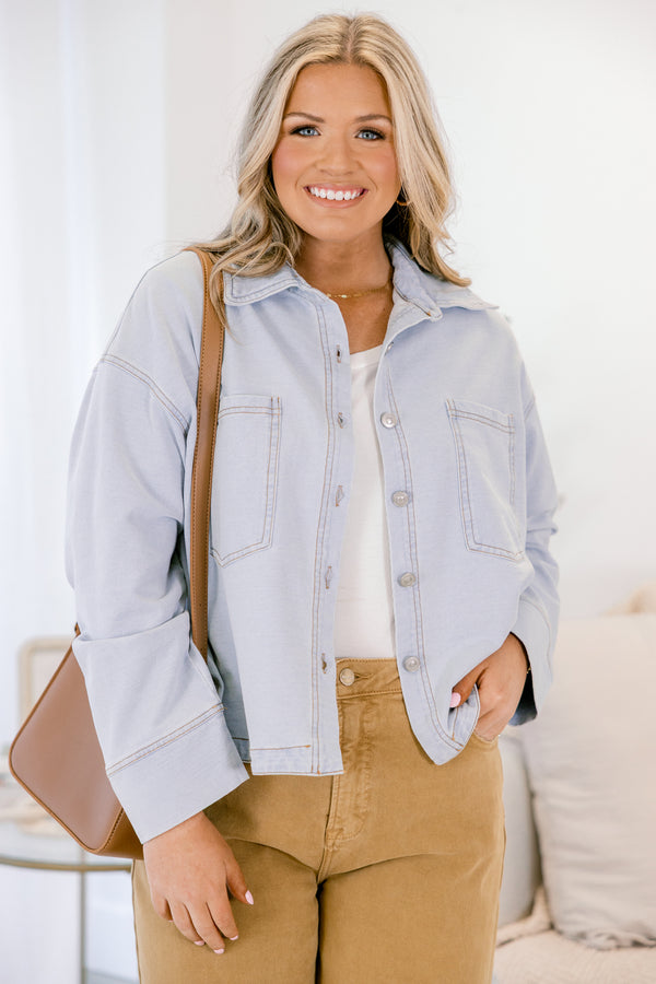 Chic Soul plus size clothing, light blue denim button-up jacket with front chest pockets and a light wash look