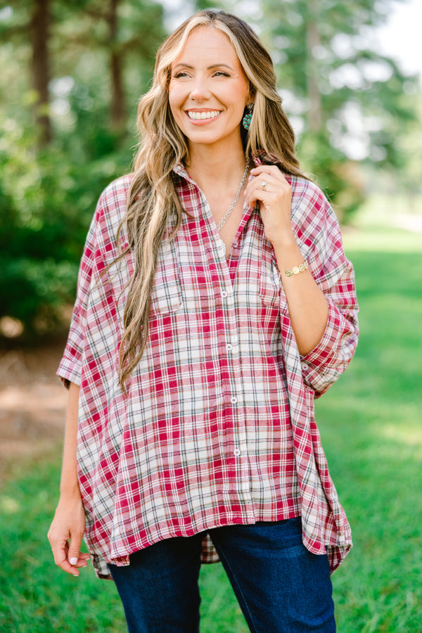 Chic Soul plus size clothing, burgundy plaid top with half sleeves that buttons up and has a collar 