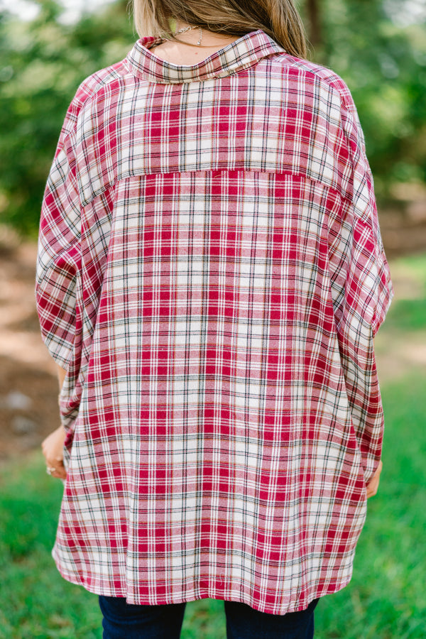 Chic Soul plus size clothing, burgundy plaid top with half sleeves that buttons up and has a collar 