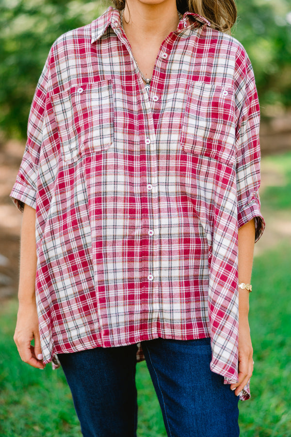 Chic Soul plus size clothing, burgundy plaid top with half sleeves that buttons up and has a collar 