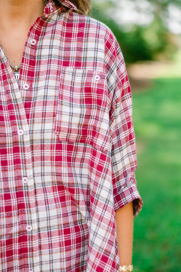 Chic Soul plus size clothing, burgundy plaid top with half sleeves that buttons up and has a collar 