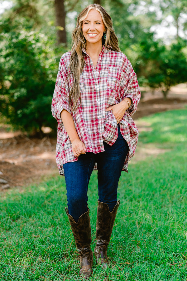 Chic Soul plus size clothing, burgundy plaid top with half sleeves that buttons up and has a collar 