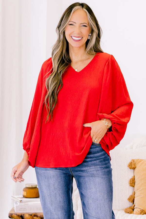 Chic Soul plus size clothing, red long sleeve top with balloon sleeves