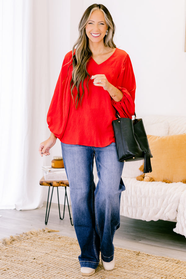 Chic Soul plus size clothing, red long sleeve top with balloon sleeves