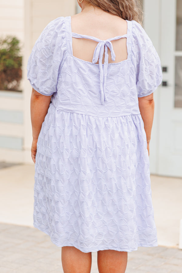 Chic Soul plus size clothing, blue textured babydoll style dress with pockets and bubble sleeves