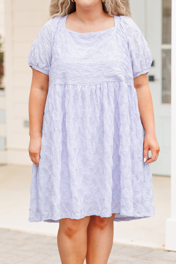 Chic Soul plus size clothing, blue textured babydoll style dress with pockets and bubble sleeves