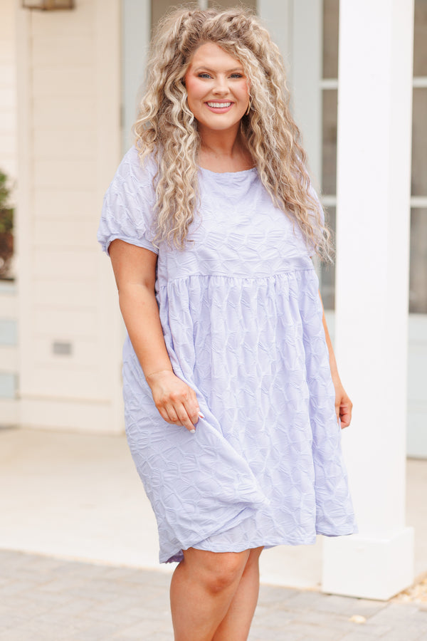 Chic Soul plus size clothing, blue textured babydoll style dress with pockets and bubble sleeves