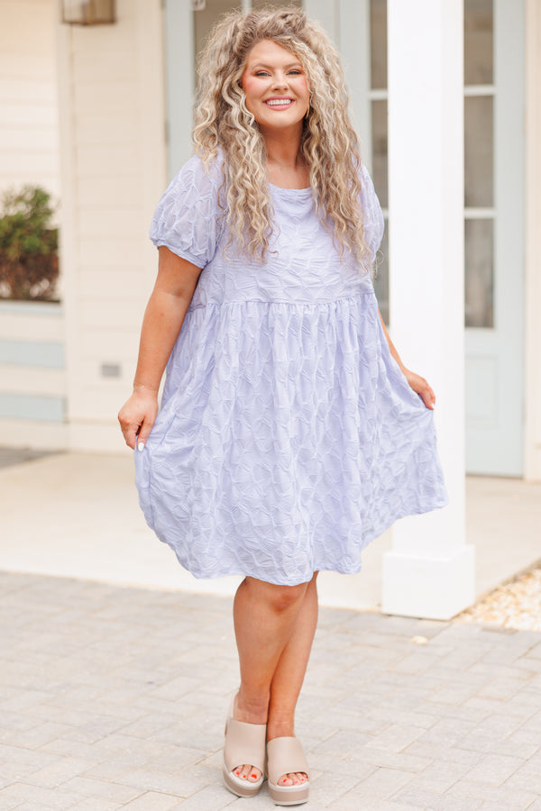 Chic Soul plus size clothing, blue textured babydoll style dress with pockets and bubble sleeves