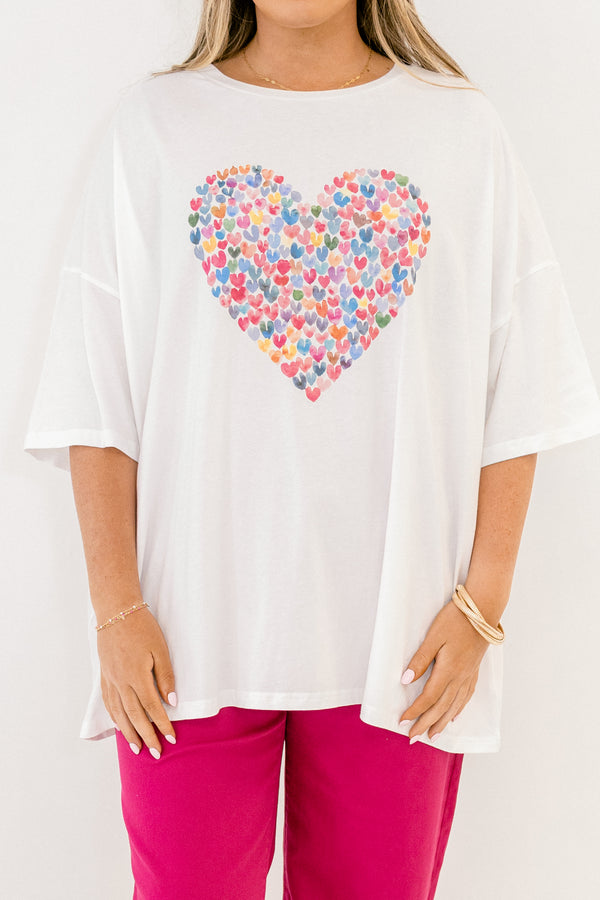 Chic Soul plus size clothing, white short sleeve boyfriend tee with multi color heart graphic on the front of the tee