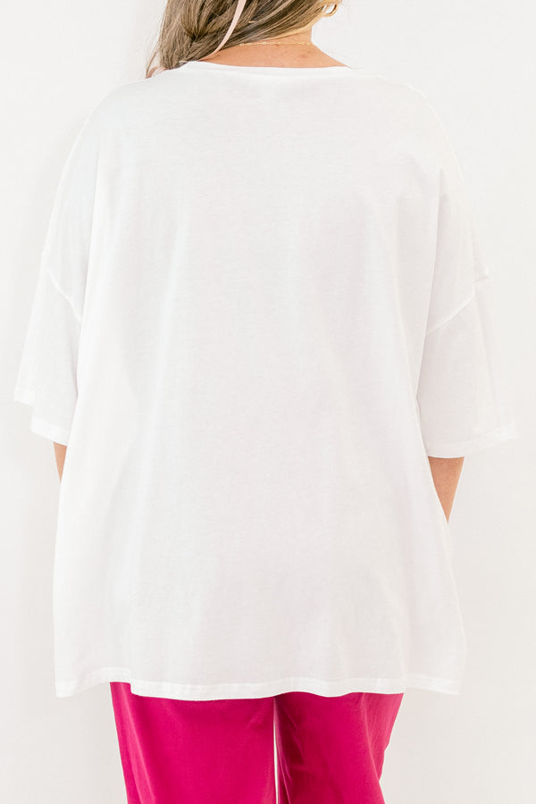 Chic Soul plus size clothing, white short sleeve boyfriend tee with multi color heart graphic on the front of the tee