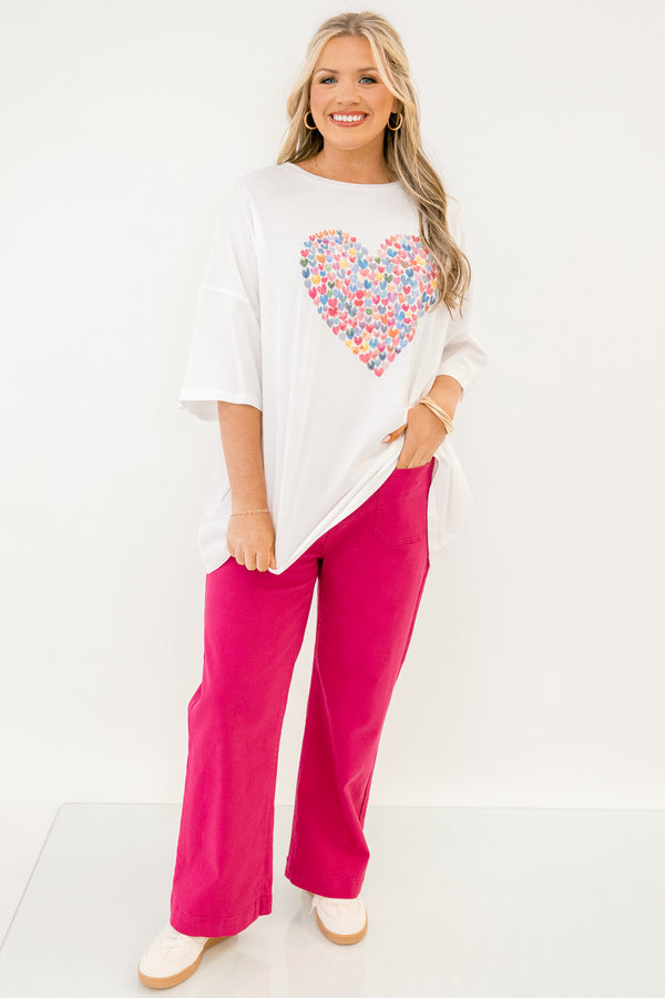 Chic Soul plus size clothing, white short sleeve boyfriend tee with multi color heart graphic on the front of the tee
