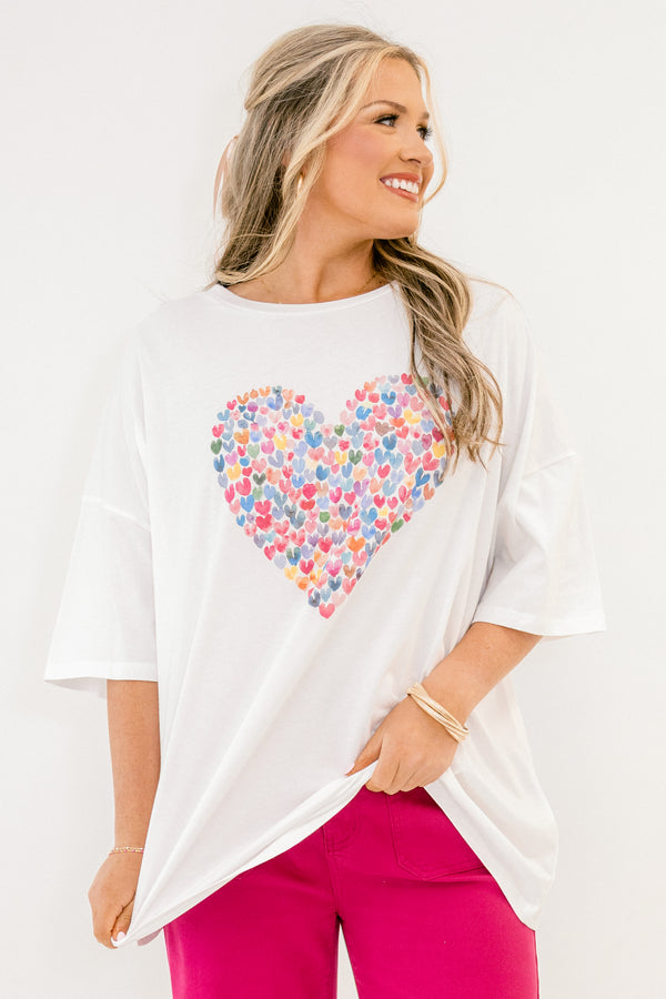 Chic Soul plus size clothing, white short sleeve boyfriend tee with multi color heart graphic on the front of the tee