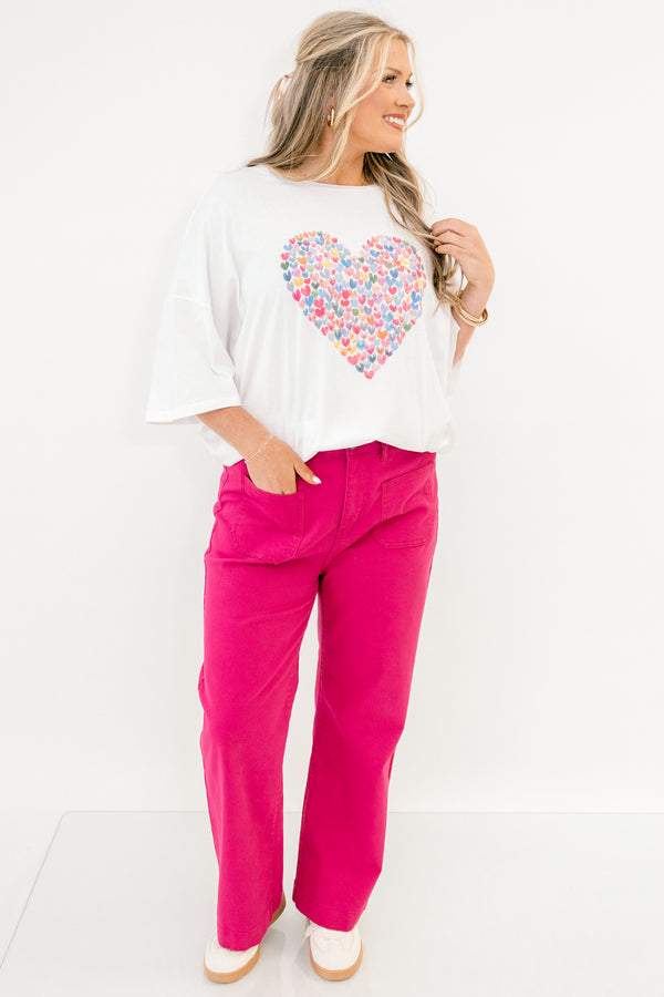 Chic Soul plus size clothing, white short sleeve boyfriend tee with multi color heart graphic on the front of the tee