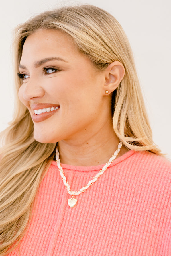  Chic soul plus size clothing, pink necklace with a gold acccent chain wrapped around and a heart pendant 