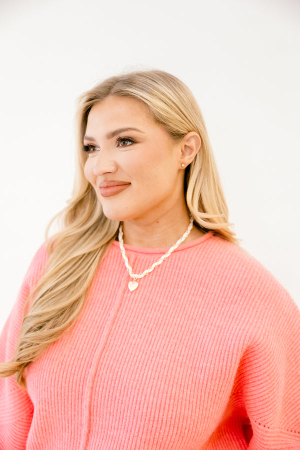  Chic soul plus size clothing, pink necklace with a gold acccent chain wrapped around and a heart pendant 