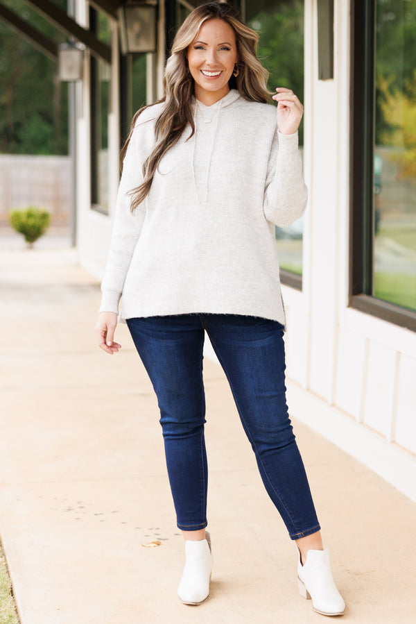 Chic Soul plus size clothing, light gray long sleeve hoodie with drawstrings and ribbed detail