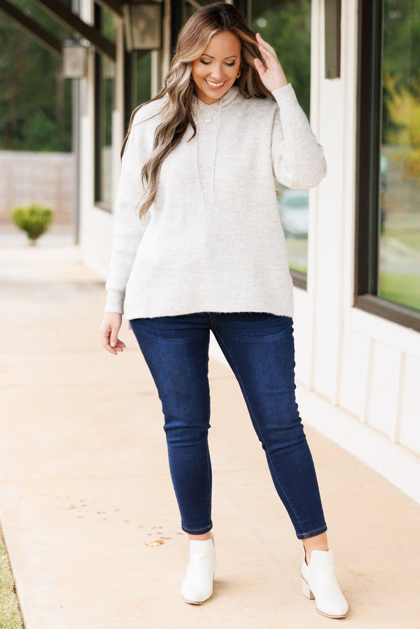 Chic Soul plus size clothing, light gray long sleeve hoodie with drawstrings and ribbed detail