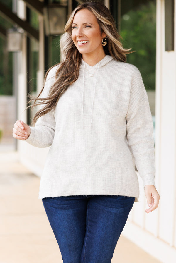 Chic Soul plus size clothing, light gray long sleeve hoodie with drawstrings and ribbed detail