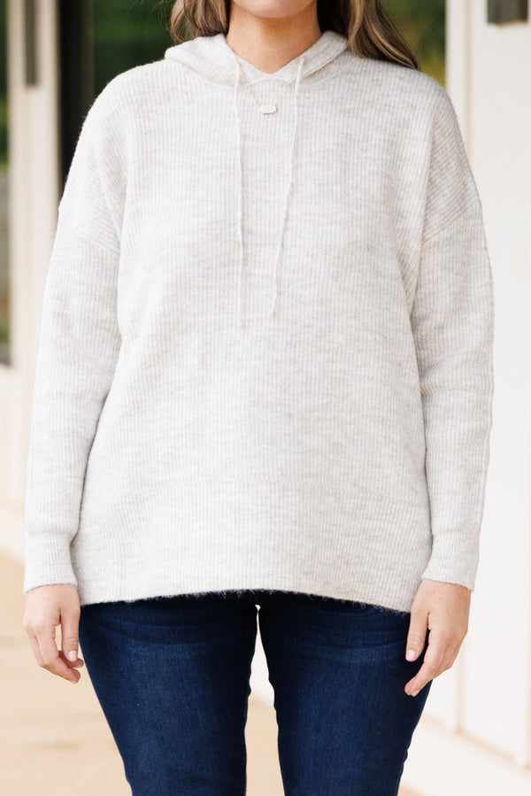 Chic Soul plus size clothing, light gray long sleeve hoodie with drawstrings and ribbed detail