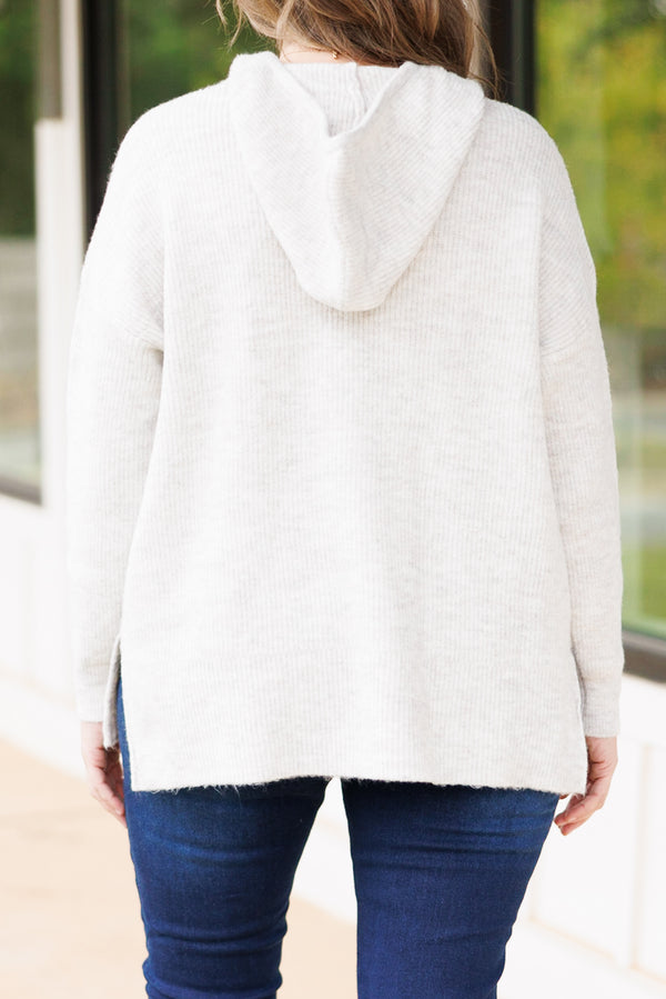 Chic Soul plus size clothing, light gray long sleeve hoodie with drawstrings and ribbed detail
