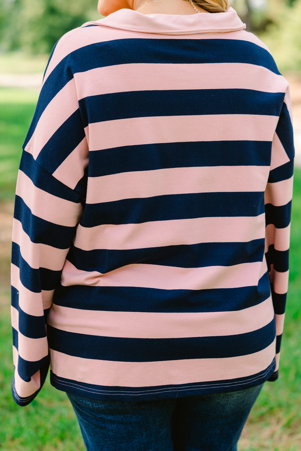 Chic Soul plus size clothing, navy and blush pink horizontal striped long sleeve pullover with v neckline and oversized collar and front pocket