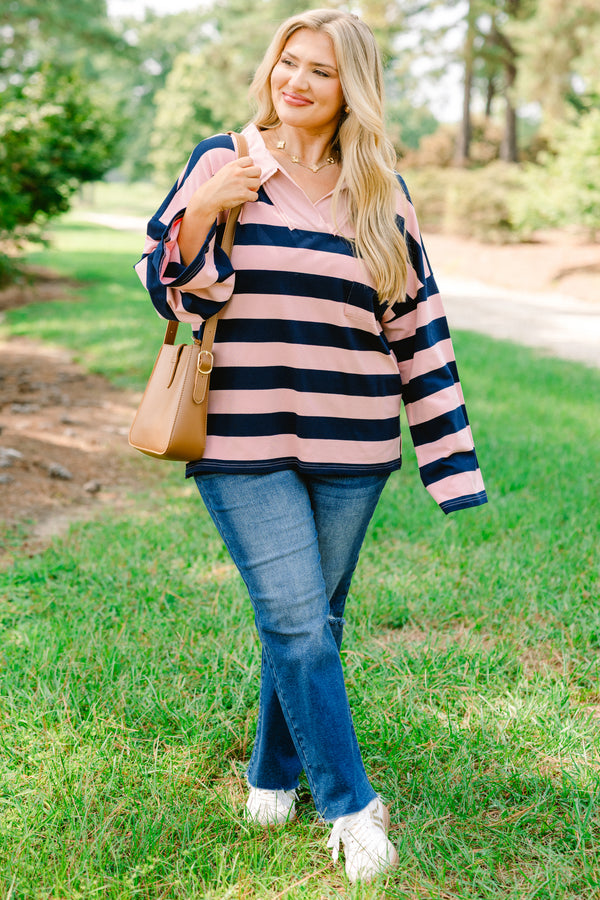 Chic Soul plus size clothing, navy and blush pink horizontal striped long sleeve pullover with v neckline and oversized collar and front pocket