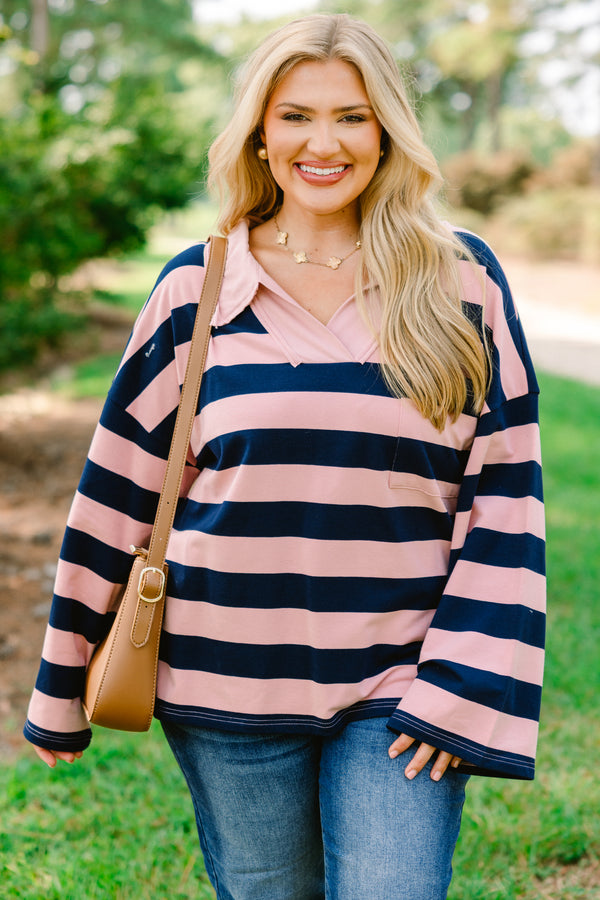 Chic Soul plus size clothing, navy and blush pink horizontal striped long sleeve pullover with v neckline and oversized collar and front pocket